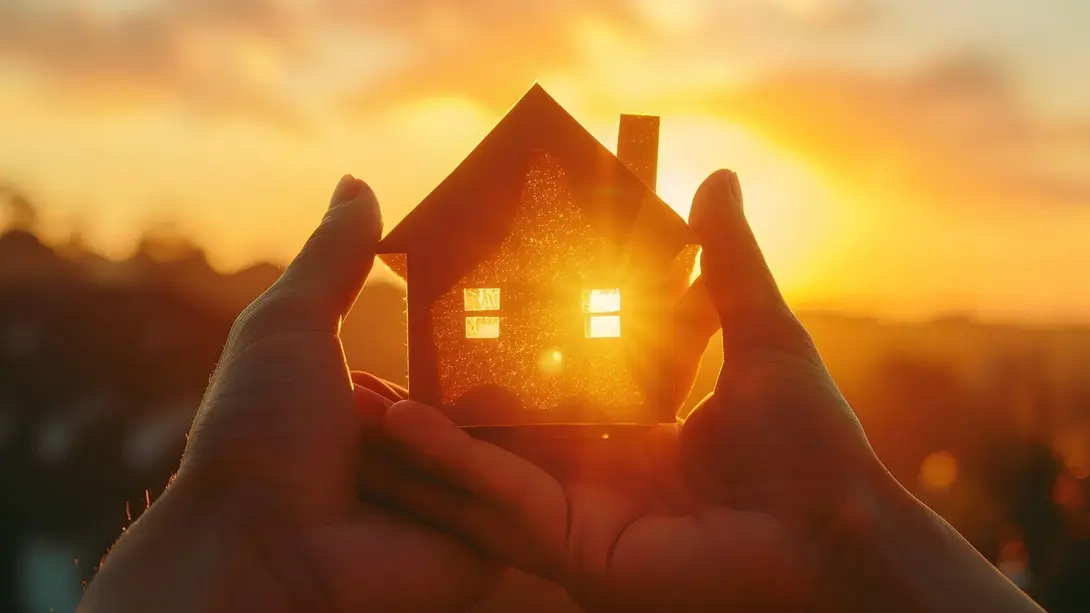 Traum vom eigenen Zuhause bei Sonnenuntergang Hände halten ein Haus-Symbol vor warmem Sonnenuntergang als Sinnbild für Eigenheim, Sicherheit und Zukunft