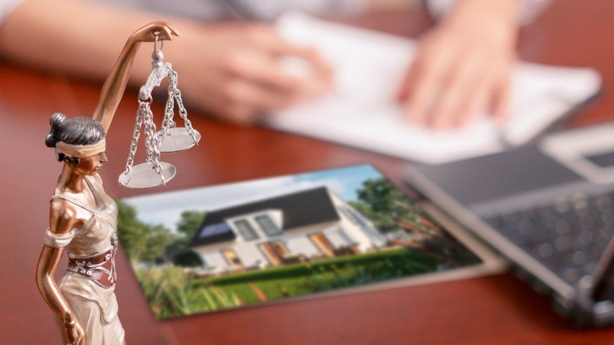 Justitia-Figur neben Hausbild, Laptop und Unterlagen zur rechtlichen Planung beim Hausbau
