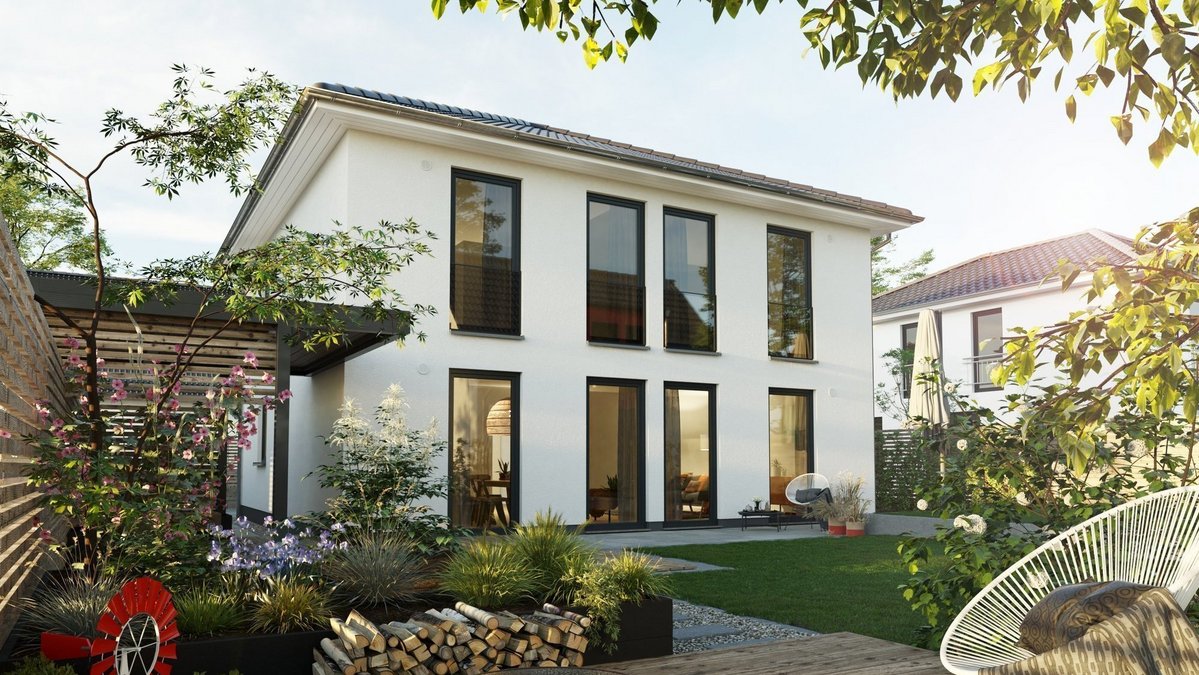 Modernes Einfamilienhaus mit gelber Fassade, Walmdach, Carport, Vorgarten und gepflastertem Eingangsbereich