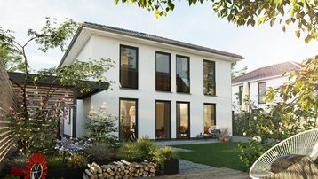 Modernes Einfamilienhaus mit Walmdach und Carport Modernes Einfamilienhaus mit gelber Fassade, Walmdach, Carport, Vorgarten und gepflastertem Eingangsbereich
