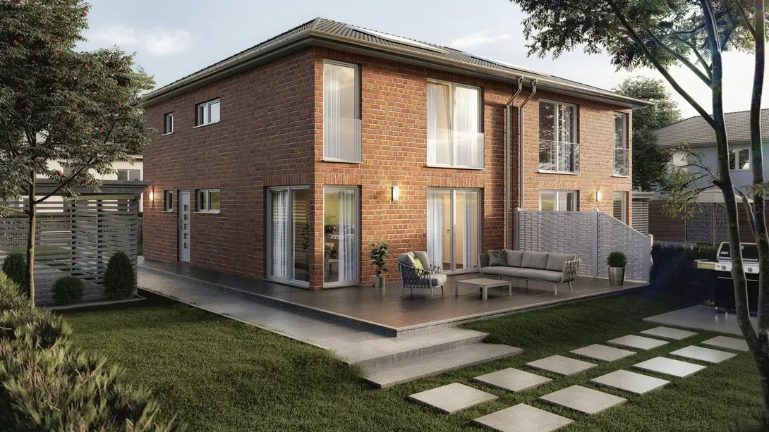 Doppelhaus bauen im Baugebiet Vennweg Süd Modernes Doppelhaus mit Klinkerfassade, Terrasse und Garten als Beispiel für Hausbau im Baugebiet Vennweg Süd in Emsdetten