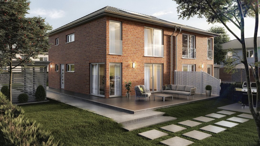 Doppelhaus bauen im Baugebiet Vennweg Süd Modernes Doppelhaus mit Klinkerfassade, Terrasse und Garten als Beispiel für Hausbau im Baugebiet Vennweg Süd in Emsdetten