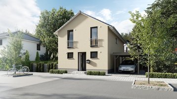 Einfamilienhaus mit Satteldach und Carport Modernes Einfamilienhaus mit heller Fassade, Satteldach, Carport und gepflegtem Vorgarten