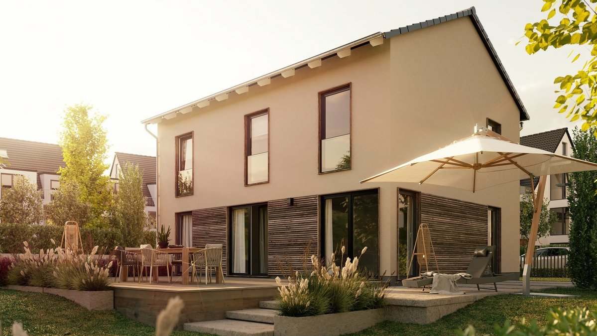 Modernes Einfamilienhaus mit heller Fassade, Holzlamellen, Terrasse, Sonnenschirm und gepflegtem Garten