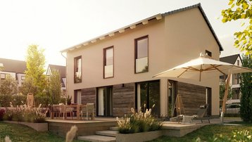Modernes Einfamilienhaus mit Holzdetails und Terrasse Modernes Einfamilienhaus mit heller Fassade, Holzlamellen, Terrasse, Sonnenschirm und gepflegtem Garten