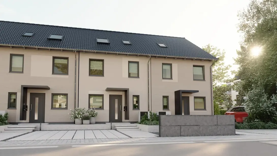 Moderne Reihenhäuser mit Satteldach Moderne Reihenhäuser mit heller Fassade, dunklem Satteldach, Dachfenstern und gepflasterten Eingangsbereichen