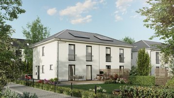 Stadtvilla mit Photovoltaik im Landkreis Emsland bauen mit Thielker MassivHaus Moderne Stadtvilla mit heller Fassade, Photovoltaikanlage, Terrasse und Garten im Landkreis Emsland