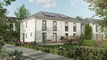 Doppelhaus mit Solaranlage und Garten Moderne Doppelhaushälfte mit heller Fassade, Walmdach, Solaranlage, Terrasse und gepflegtem Garten