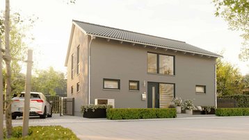 Modernes Einfamilienhaus mit grauer Fassade Modernes Einfamilienhaus mit grauer Fassade, Satteldach, großem Eingangsbereich und gepflegtem Vorgarten