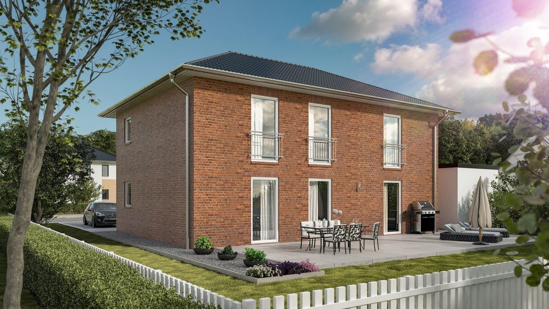 Stadtvilla aus Klinker mit Terrasse – Thielker MassivHaus Moderne Stadtvilla aus rotem Klinker mit Terrasse und Garten – Massivhaus von Thielker MassivHaus