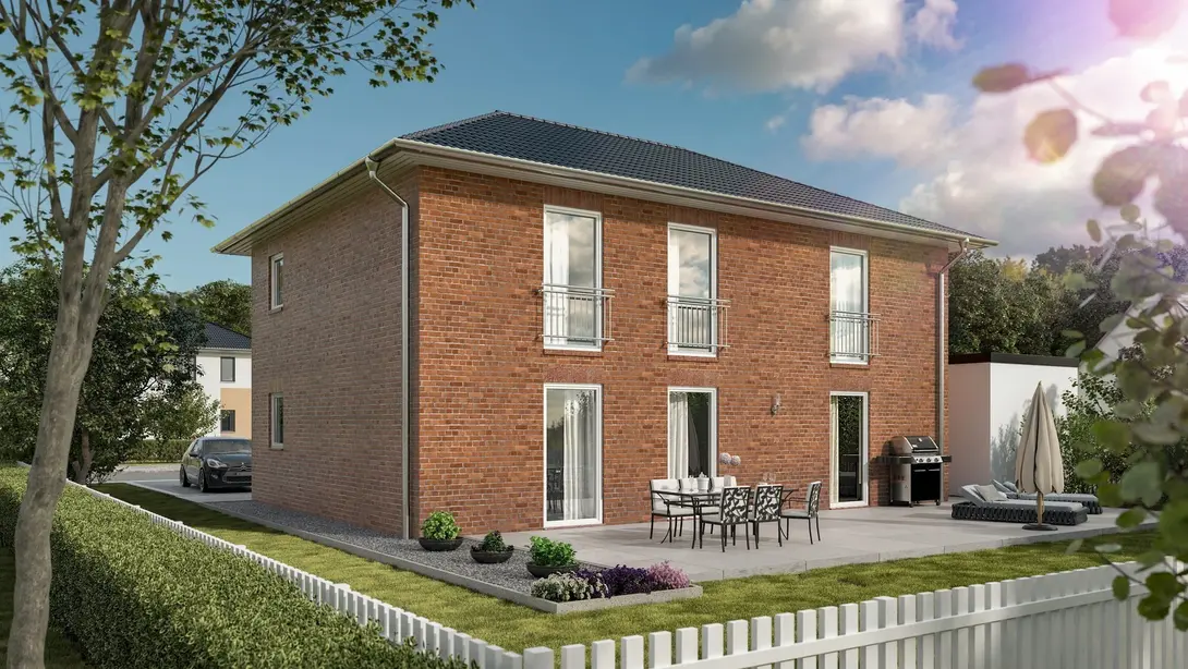 Stadtvilla aus Klinker mit Terrasse – Thielker MassivHaus Moderne Stadtvilla aus rotem Klinker mit Terrasse und Garten – Massivhaus von Thielker MassivHaus