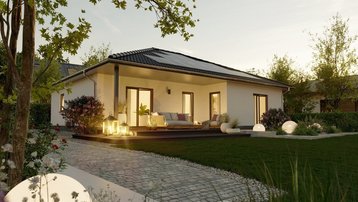 Moderner Bungalow mit Terrasse und Gartenbeleuchtung Moderner Bungalow mit Walmdach, überdachter Terrasse, Gartenbeleuchtung und gepflegter Außenanlage bei Abendlicht