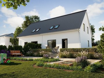 Modernes Einfamilienhaus mit heller Fassade, dunklem Satteldach, Dachfenstern, Terrasse und großzügigem Garten
