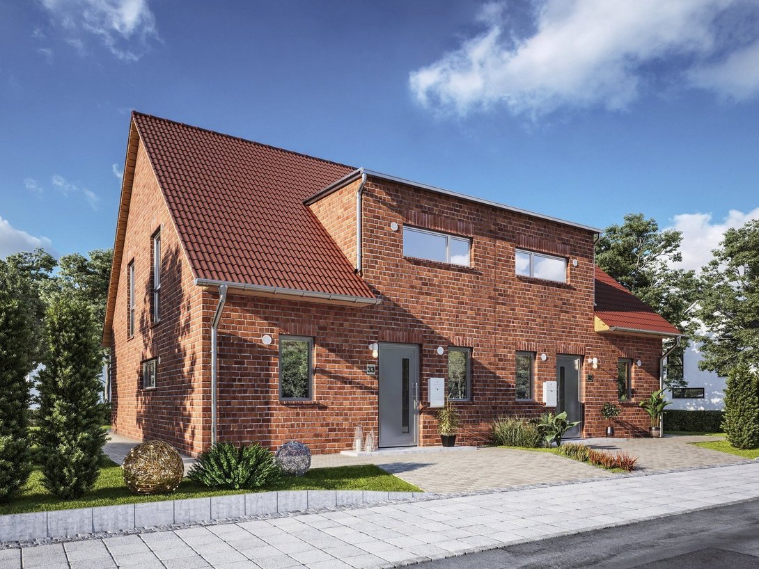 Doppelhaus aus Klinker in Metelen – Thielker MassivHaus Moderne Doppelhaushälfte aus rotem Klinker mit Satteldach in Metelen – Massivhaus von Thielker MassivHaus