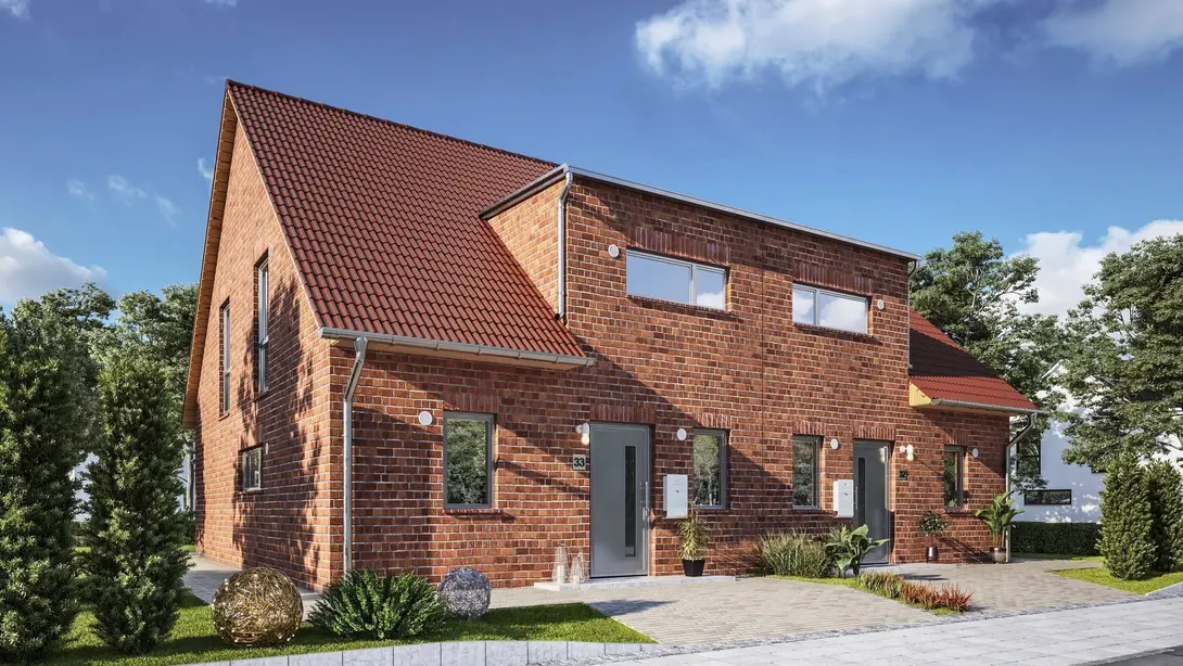 Doppelhaus mit Klinkerfassade im Landkreis Emsland bauen mit Thielker MassivHaus Modernes Doppelhaus mit roter Klinkerfassade, Satteldach und gepflegten Eingangsbereichen im Landkreis Emsland