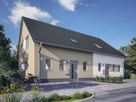 Modernes Doppelhaus mit heller Fassade, dunklem Satteldach, Dachfenstern, separaten Eingängen und gepflastertem Vorplatz