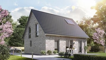 Modernes Einfamilienhaus mit grauer Klinkerfassade, Satteldach, Photovoltaikanlage, Terrasse und Garten im Landkreis Emsland