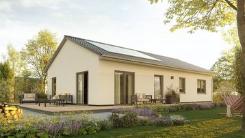 Bungalow mit Photovoltaik und Gartenterrasse Moderner Bungalow mit heller Fassade, Satteldach, Photovoltaikanlage, Terrasse und weitläufigem Garten