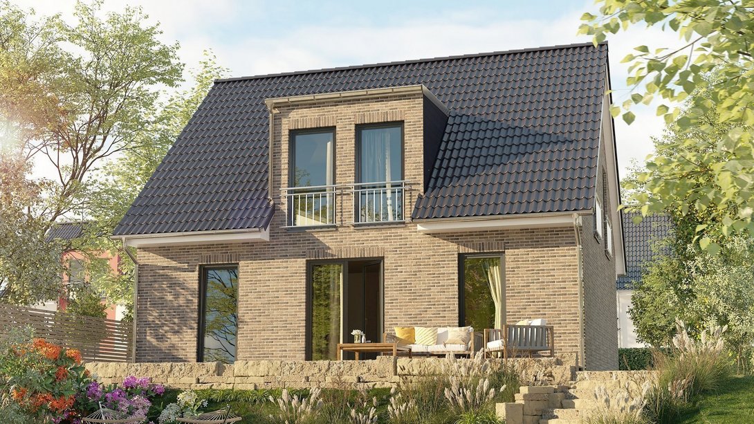 Massivhaus bauen im Baugebiet Riesenbeck West Modernes Massivhaus mit Klinkerfassade, Satteldach, Terrasse und Garten als Beispiel für Hausbau in Riesenbeck West