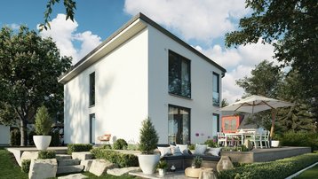 Modernes Einfamilienhaus mit Flachdach und Garten Modernes zweigeschossiges Einfamilienhaus mit Flachdach, weißer Fassade, Terrasse und gepflegtem Garten