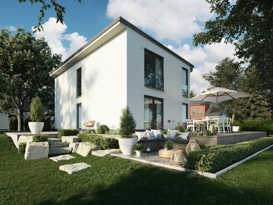 Modernes zweigeschossiges Einfamilienhaus mit heller Fassade, großen Fenstern, Terrasse und gepflegtem Garten