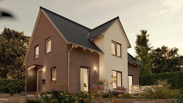 Modernes Einfamilienhaus mit Terrasse und Garten Modernes Einfamilienhaus mit Satteldach, zweifarbiger Fassade, Terrasse und gepflegtem Garten bei Abendlicht