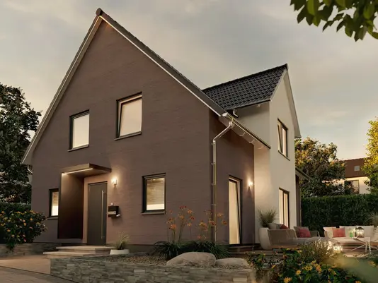 Einfamilienhaus mit dunklem Klinker und Satteldach – Thielker MassivHaus Modernes Einfamilienhaus mit Satteldach und dunkler Klinkerfassade – Massivhaus von Thielker MassivHaus