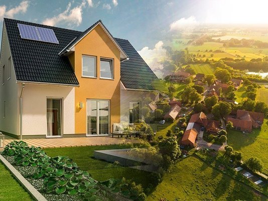 Modernes Einfamilienhaus in Massivbauweise mit Photovoltaikanlage und Blick ins Münsterland bei Rheine.