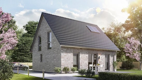 Einfamilienhaus mit Klinkerfassade im Landkreis Emsland bauen mit Thielker MassivHaus Modernes Einfamilienhaus mit grauer Klinkerfassade, Satteldach, Photovoltaikanlage, Terrasse und Garten im Landkreis Emsland