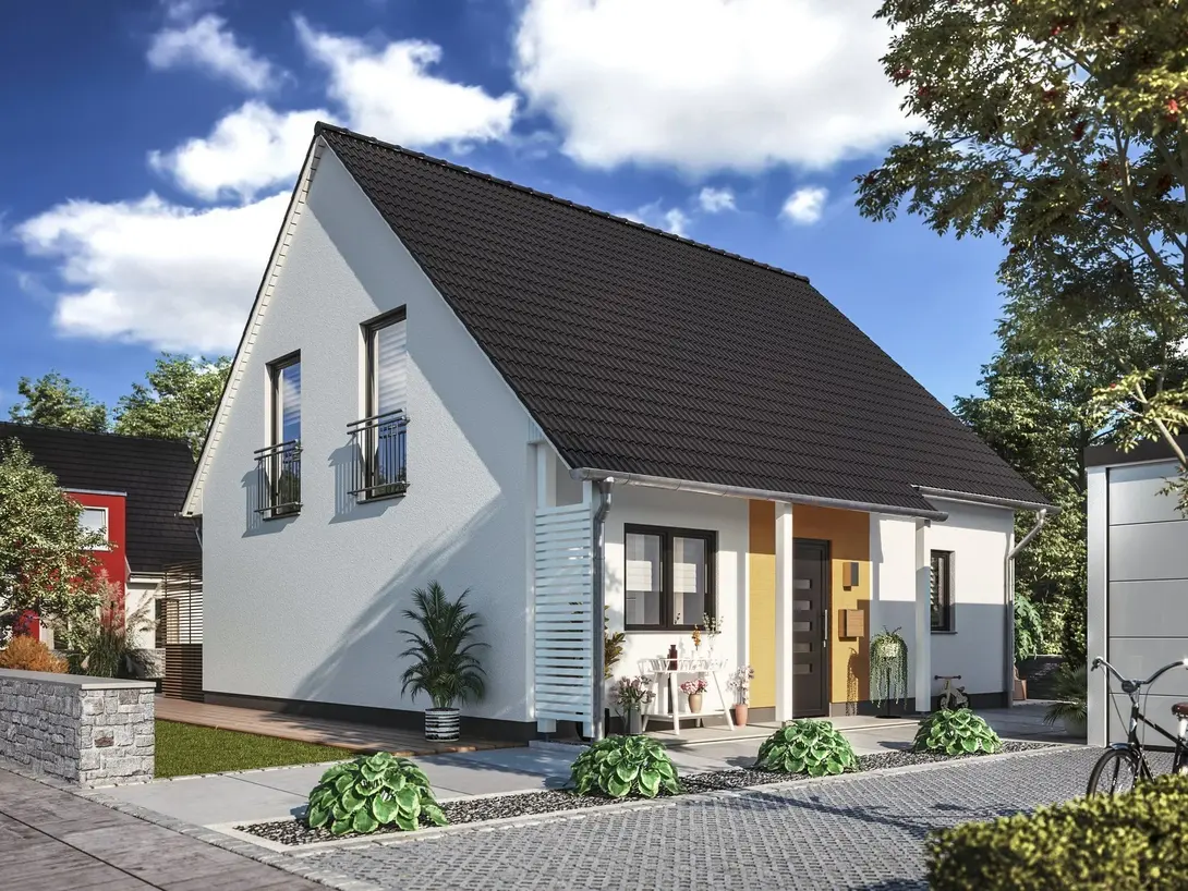 Modernes Einfamilienhaus mit Satteldach, heller Putzfassade und großzügiger Terrasse – Massivhaus von Thielker MassivHaus