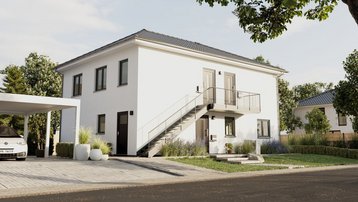 Modernes Zweifamilienhaus mit Außentreppe und Carport Modernes Zweifamilienhaus mit heller Fassade, Walmdach, Außentreppe, Balkon und Carport