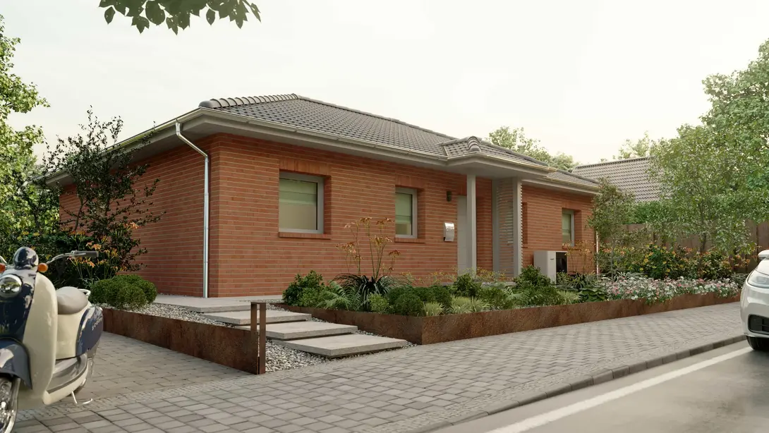 Bungalow bauen im Landkreis Emsland mit Thielker MassivHaus Moderner Bungalow mit roter Klinkerfassade, Vorgarten und barrierearmem Zugang im Landkreis Emsland