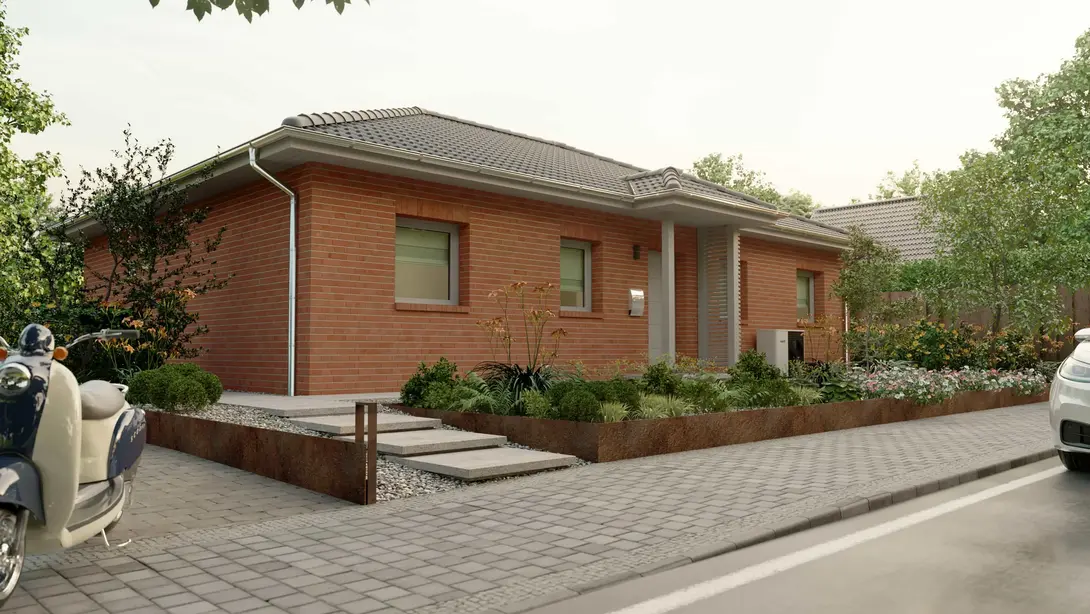 Klinker-Bungalow mit Walmdach und Vorgarten Moderner Bungalow mit roter Klinkerfassade, Walmdach, Vorgarten und ruhiger Straßenlage
