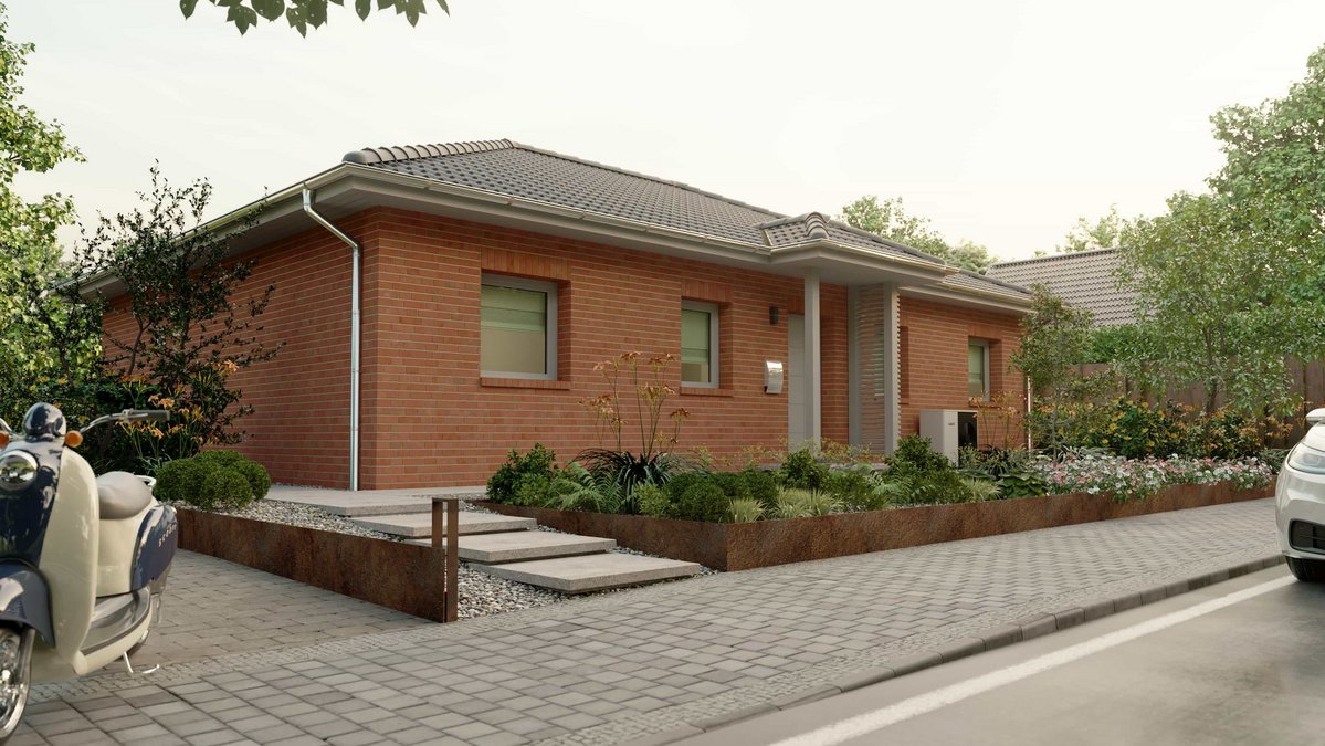 Moderner Bungalow mit roter Klinkerfassade, Vorgarten und barrierearmem Eingangsbereich
