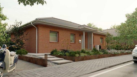 Bungalow 110 mit Klinkerfassade und Vorgarten Bungalow 110 mit roter Klinkerfassade, Walmdach, Vorgarten und ruhiger Wohnlage