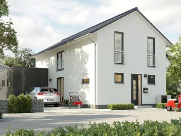 Modernes zweigeschossiges Einfamilienhaus mit heller Fassade, Satteldach, großen Fenstern und gepflegtem Vorgarten