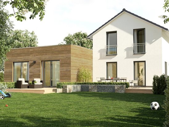 Modernes Einfamilienhaus mit heller Fassade, Satteldach, eingeschossigem Anbau aus Holz und großzügigem Garten