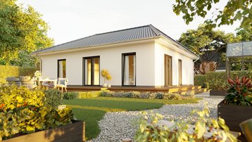 Moderner Bungalow mit Garten und Terrasse Moderner Bungalow mit heller Fassade, Walmdach, Terrasse und gepflegtem Garten bei warmem Sonnenlicht