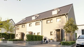 Moderne Reihenhäuser mit Satteldach und Vorgärten Moderne Reihenhäuser mit heller Fassade, Satteldach, Dachgauben, Vorgärten und ruhiger Wohnstraße