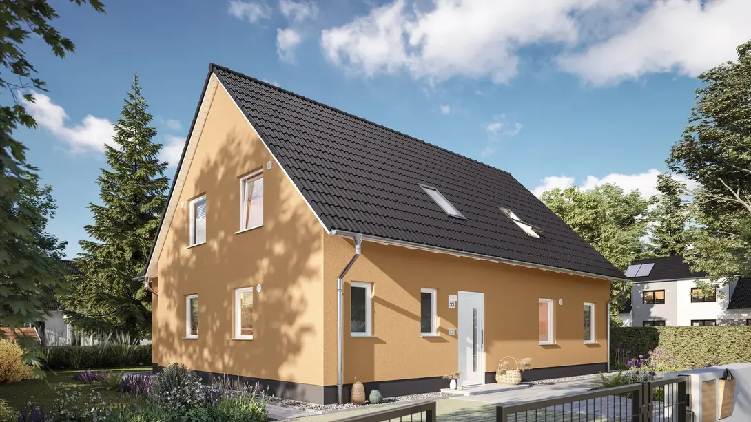 Einfamilienhaus mit Satteldach und moderner Putzfassade Modernes Einfamilienhaus mit Satteldach und orangefarbener Putzfassade in ruhiger Wohnlage – Massivhaus von Thielker MassivHaus