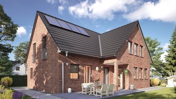 Klinkerhaus im Landkreis Emsland bauen mit Thielker MassivHaus Modernes Klinkerhaus mit Photovoltaikanlage, Satteldach, Terrasse und Garten im Landkreis Emsland