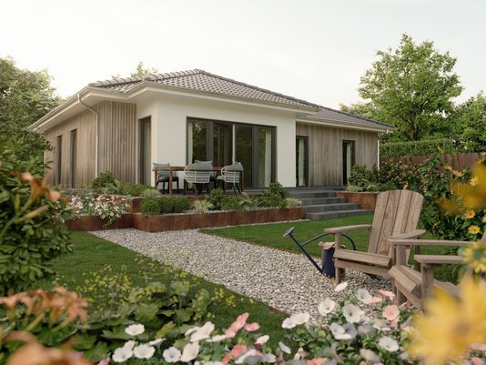 Moderner Bungalow mit großer Terrasse und Garten – Massivhaus in ruhiger Wohnlage im Münsterland.