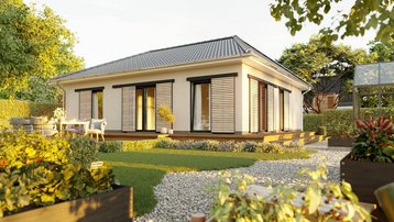 Moderner Bungalow mit Holzlamellen und Garten Moderner Bungalow mit heller Fassade, Walmdach, Holzlamellen, Terrasse und gepflegtem Garten