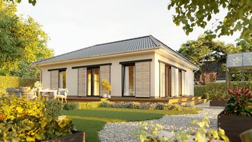 Bungalow mit Garten im Landkreis Emsland bauen mit Thielker MassivHaus Moderner Bungalow mit heller Fassade, Terrasse, Garten und Hochbeeten im Landkreis Emsland