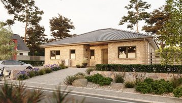 Bungalow im Landkreis Emsland bauen mit Thielker MassivHaus Moderner Bungalow mit heller Klinkerfassade, Vorgarten und Zufahrt im Landkreis Emsland