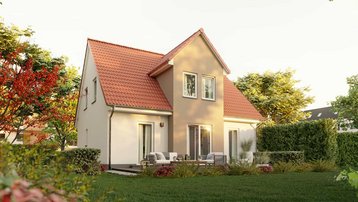 Einfamilienhaus mit Garten im Landkreis Emsland bauen mit Thielker MassivHaus Klassisches Einfamilienhaus mit rotem Satteldach, Terrasse und großem Garten im Landkreis Emsland