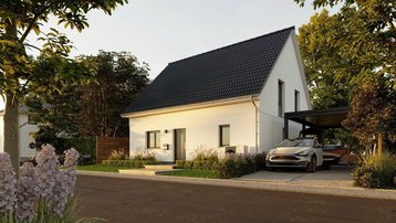 Modernes Einfamilienhaus mit Satteldach, heller Fassade, Carport und Vorgarten im Landkreis Emsland