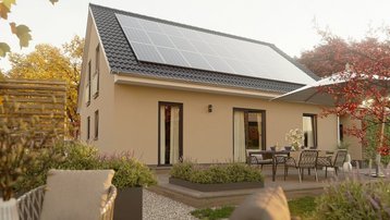 Einfamilienhaus mit Photovoltaik und Gartenterrasse Modernes Einfamilienhaus mit Photovoltaikanlage, Satteldach, Terrasse und herbstlich gestaltetem Garten