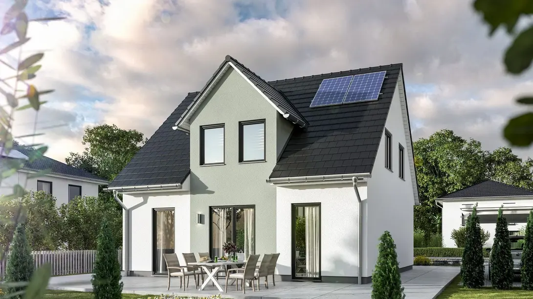 Modernes Einfamilienhaus mit Satteldach und Photovoltaikanlage – Massivhaus mit Terrasse im Münsterland.