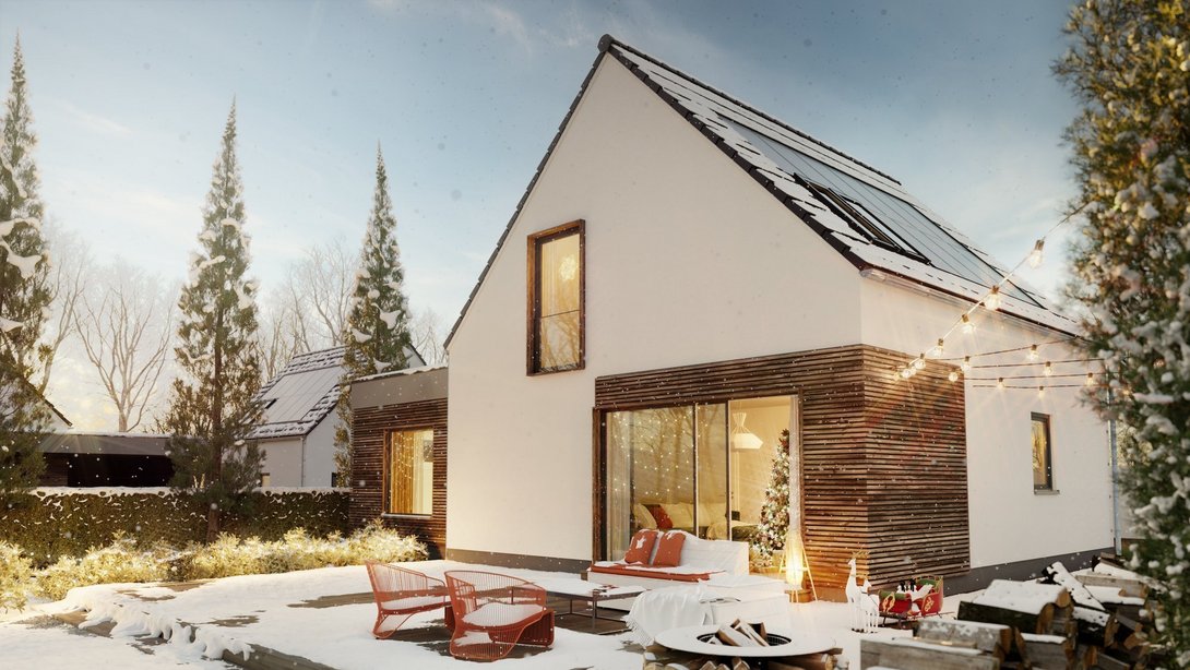 Modernes Einfamilienhaus in Massivbauweise mit Solaranlage und winterlichem Garten in Horstmar.